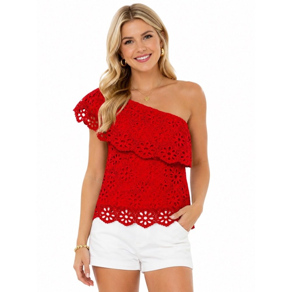 Jack by BB Dakota Orange Floral Eyelet One Shoulder Ruffle Top Small BH104885